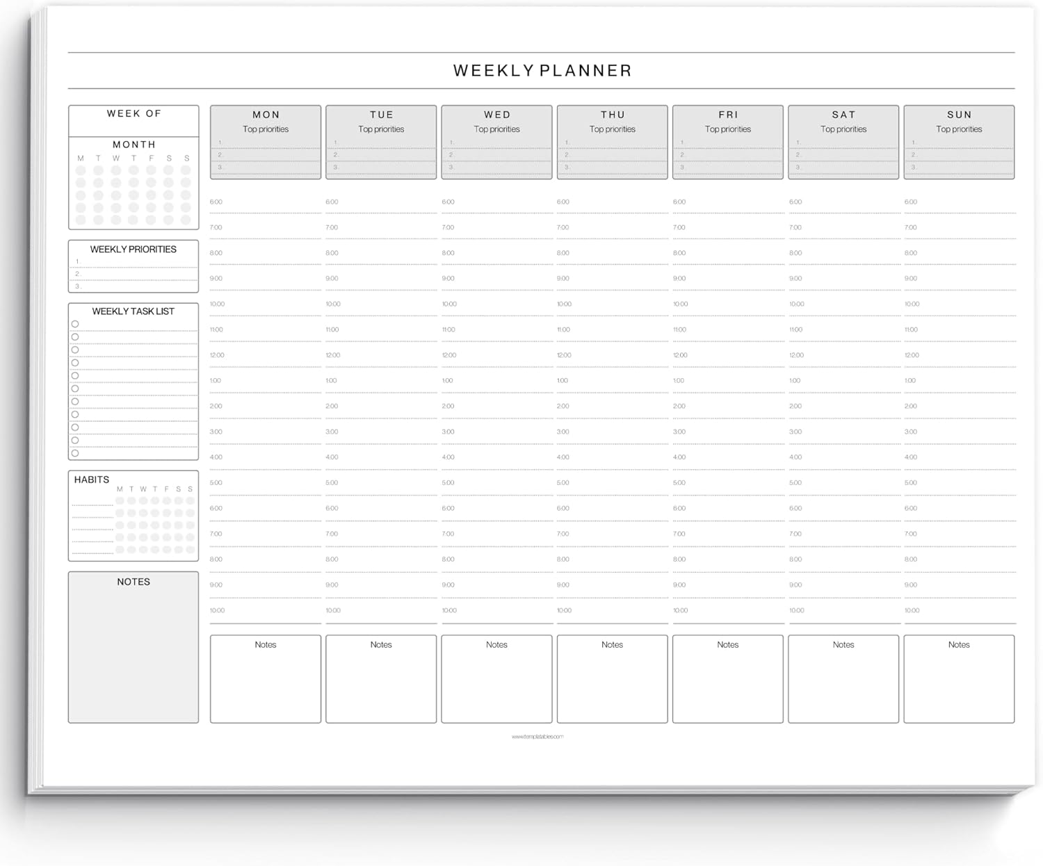 Weekly Hourly Planner Notepad, Daily Planner Desk Pad, Weekly Schedule, to Do List Note Pad, ADHD Planner | 50 Undated Tear Away Sheets A4 | Mono