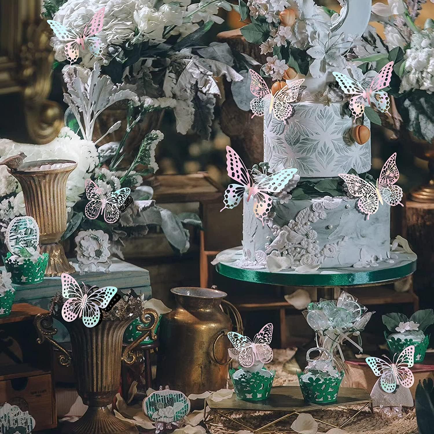 3D Butterfly Wall Decor 48 Pcs 4 Styles 3 Sizes-Butterfly Birthday Decorations&Butterfly Party Decorations&Butterfly Cake Decorations-Removable Pink Butterfly Decorations (Laser Pink) - Gold image number 3