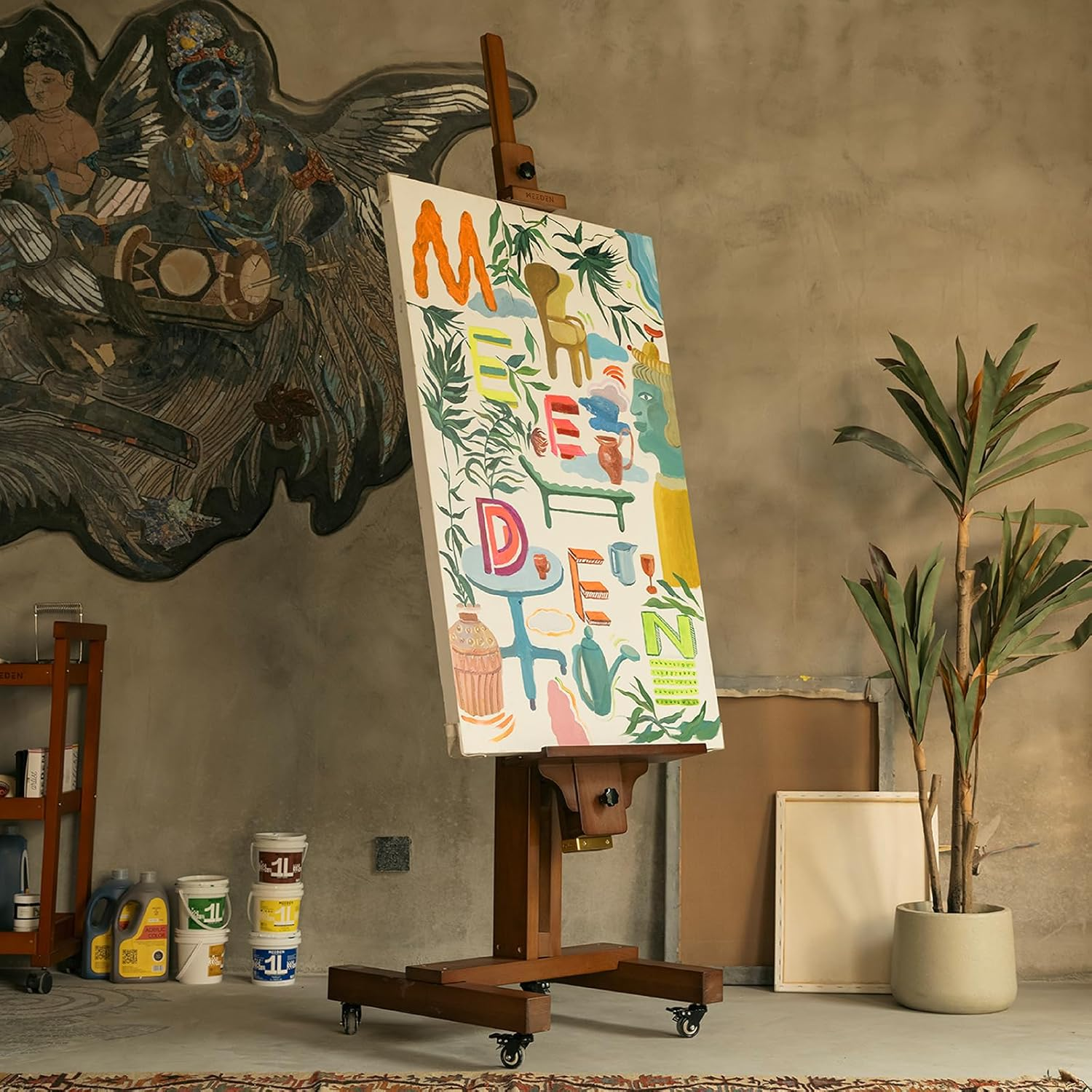 MEEDEN Extra Large Painting Easel: Solid Beech Wood Artist Studio Easel - Professional Art Easel Stand for Adults - Adjustable Movable Tilting Easel for Canvas up to 71" - Walnut image number 5