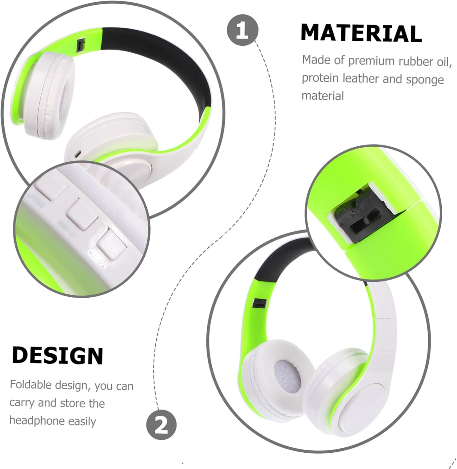 SHINEOFI Wireless Over-Ear Headphones Noise Canceling Headset Foldable Headset Aux Input for Office and Sports, Green and White image number 4