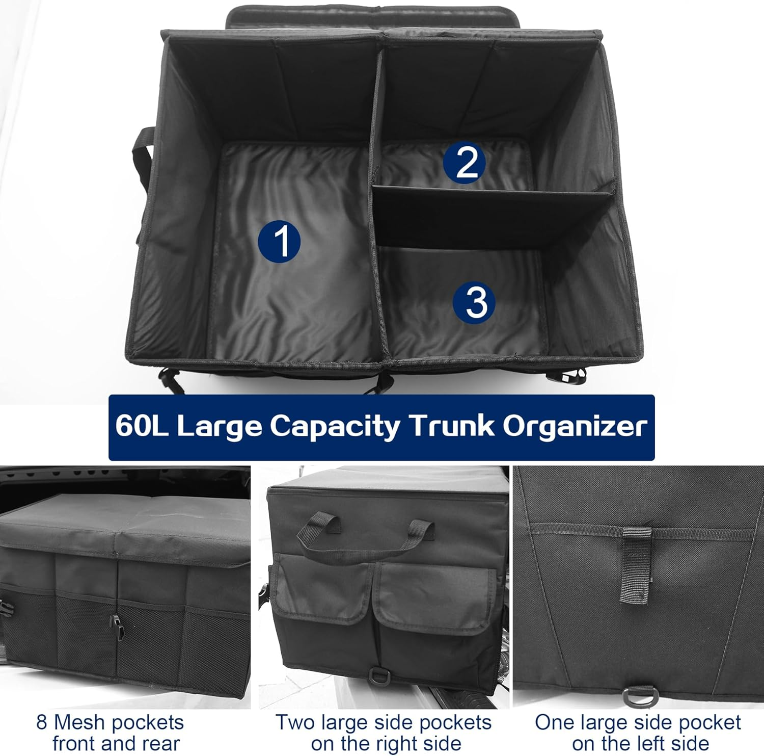 Car Boot Organizer with Lid, Collapsible Trunk Organizer with 12 Pocket, Non Slip Portable Multi Compartment Boot Tidy Sturdy Storage Box for Suvs, Sedans, Truck, Pickup Accessories (Black) image number 3