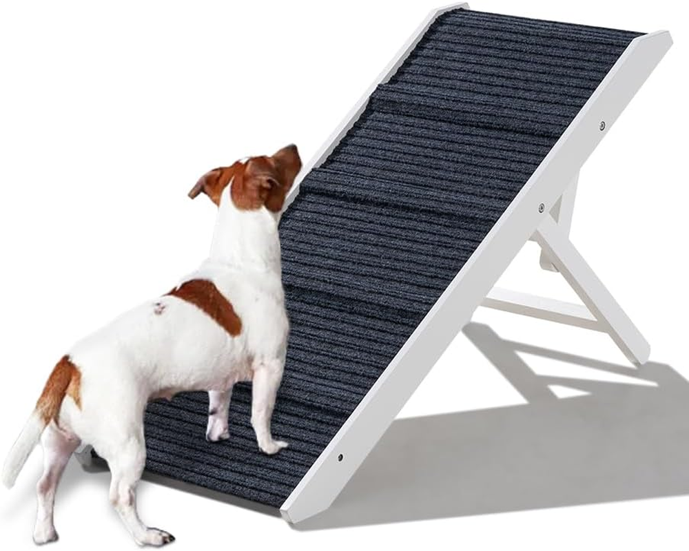 Dog Ramp for Bed for Small Medium Dogs, 90CM Long 33-45CM Adjustable Height Dog Stairs, Folding Portable Pet Ramp for Couch, Bed or Sofa, Pet Ramps with Non-Slip Carpet, White