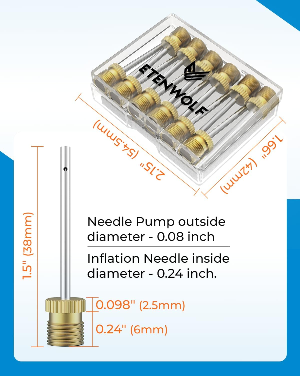 ETENWOLF A102 Brass Ball Pump Needles Pack of 12, No Break Heavy Duty Air Pump Needles for Balls with Storage Case, Compatible with Hand Pump and Electric Pump, Stainless Steel Body