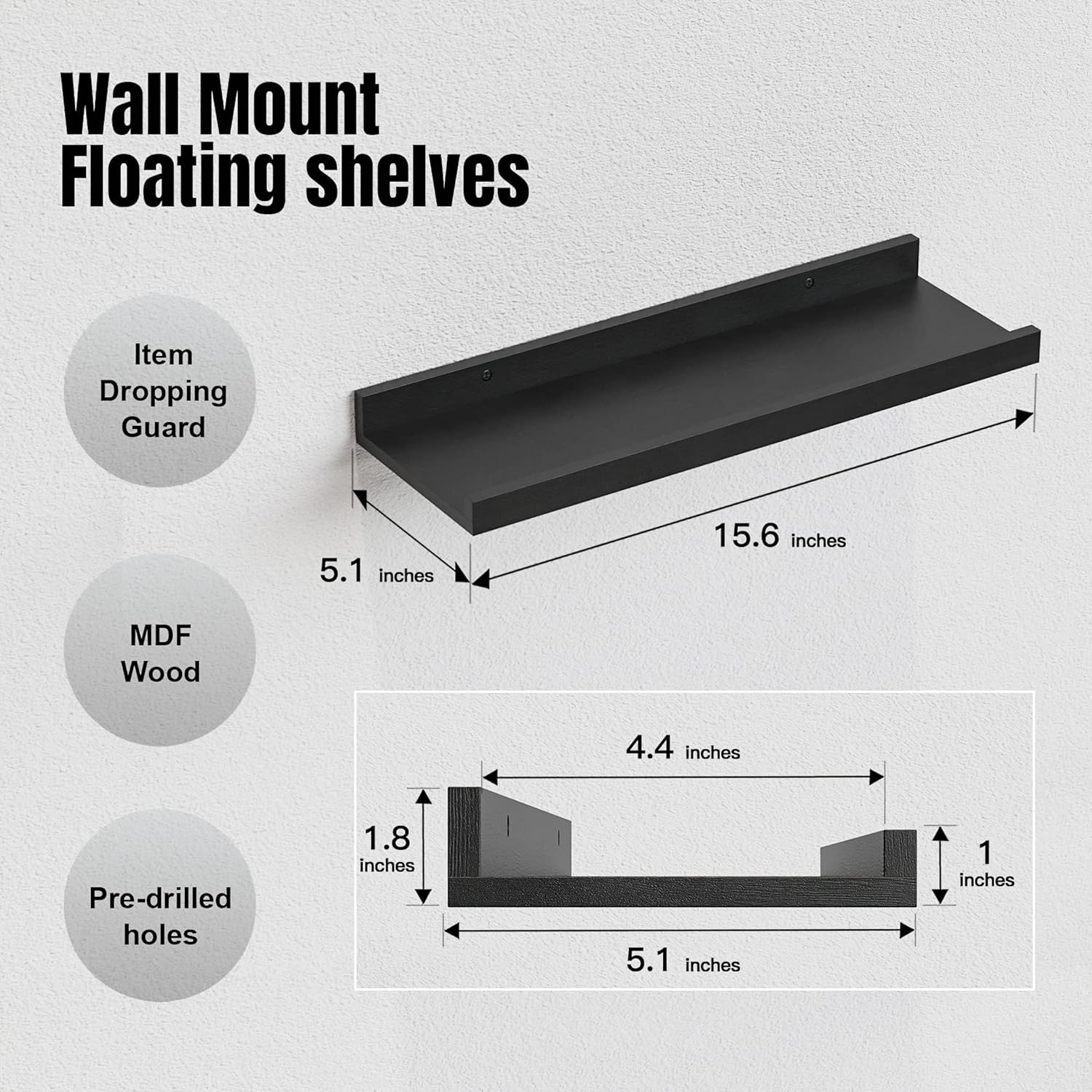 5 Set White Floating Shelves, XICEN Wall Mounted Shelves for Wall Decor, Modern Picture Ledge Shelf with Lip for Wall Storage Nursery, Bedroom, Living Room, Bathroom (Black) - Black image number 2