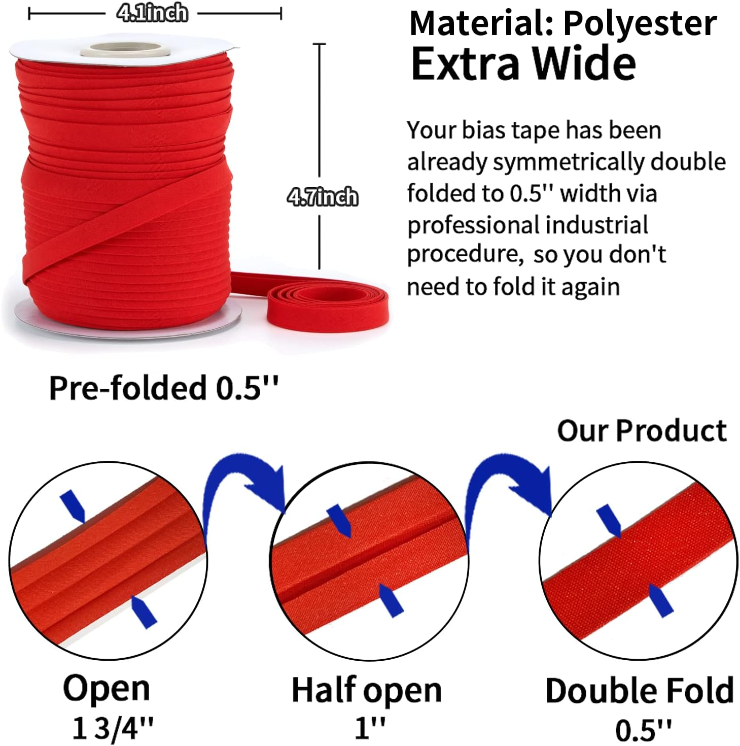 Bias Tape Double Fold 1/2 Inch - Red 55 Yards Polyester Binding Tape for Sewing, Quilt Binding, Hemming, Seaming and Fabric Piping image number 4