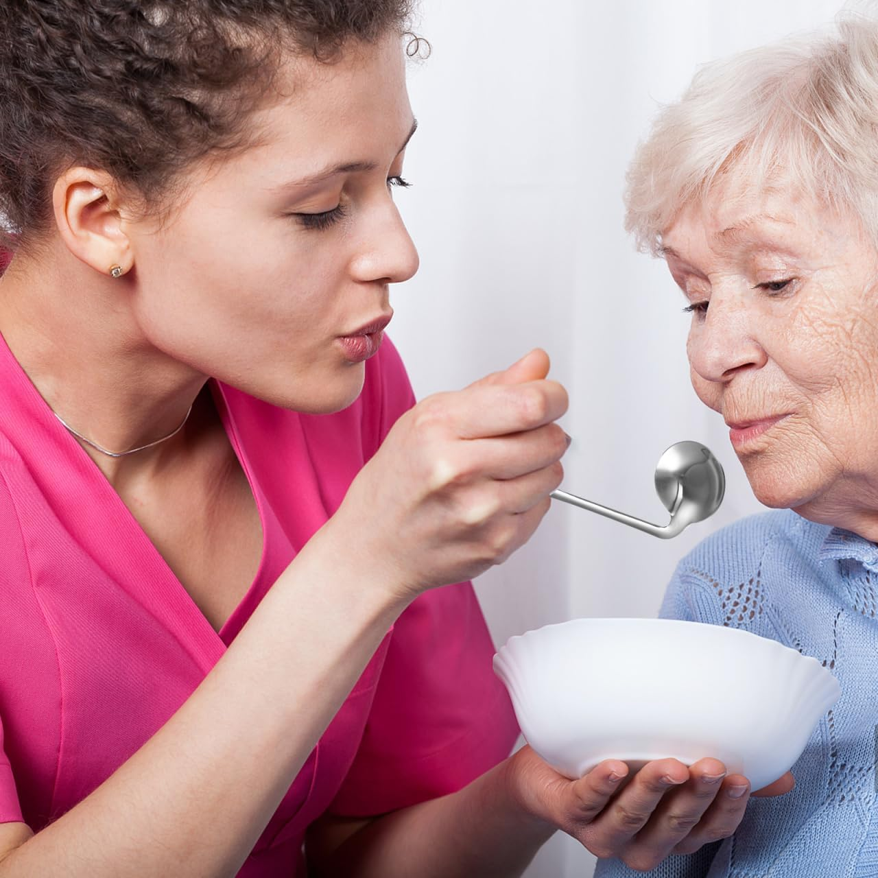 Baluue Angled Stainless Steel Elbow Spoon Fork for Elderly and Disabled Patients Self-Feeding Aid Ergonomic Handle for Bedridden Care and Daily Use