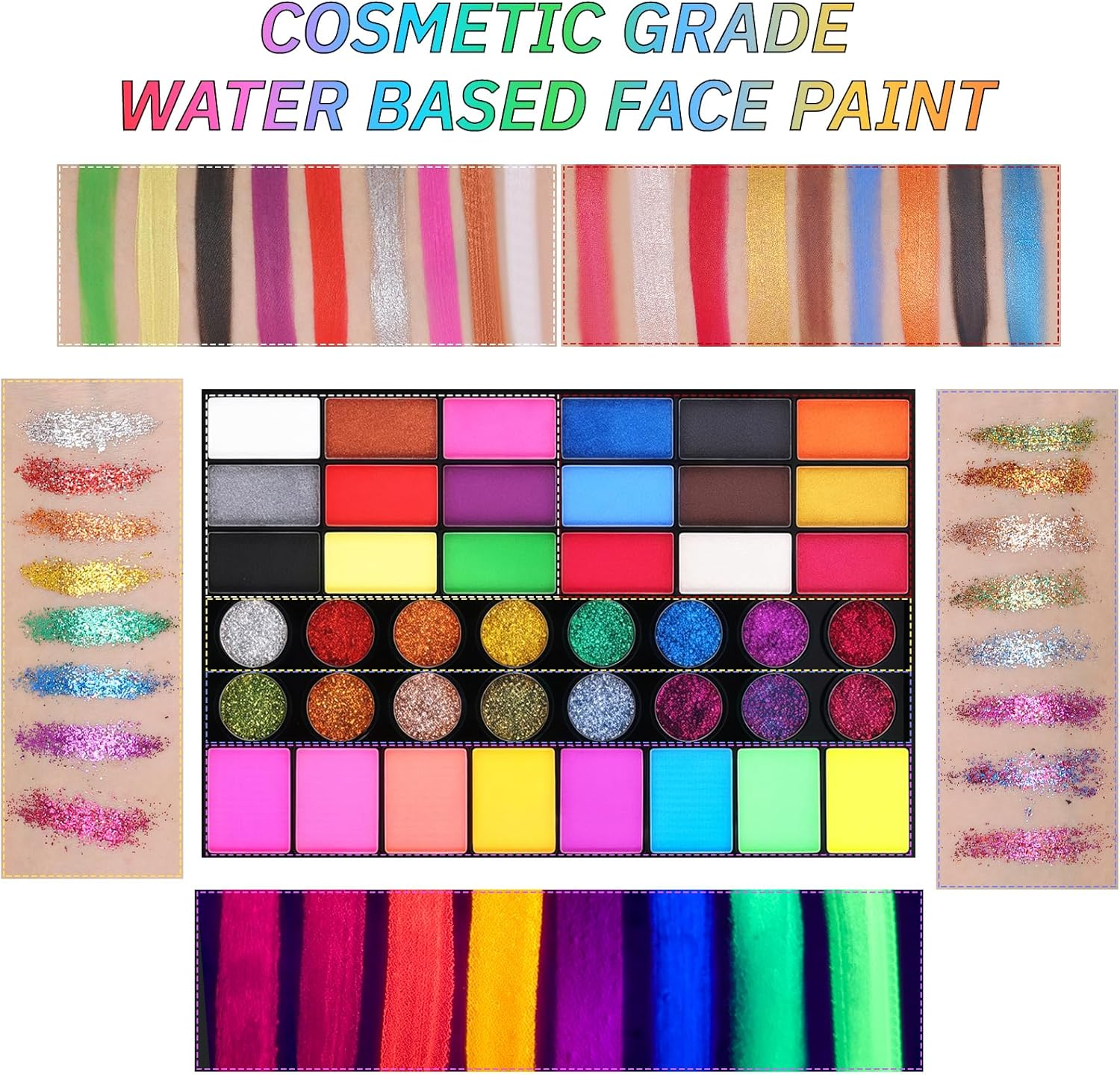 YBUETE Face Painting Kit, 42 Color Water Based Easy Body Painting Kits with Brushes Glitter Gems, Professional Non Toxic Make up Set for Carnival, Halloween, Costume Party and Any Creative Activity image number 6