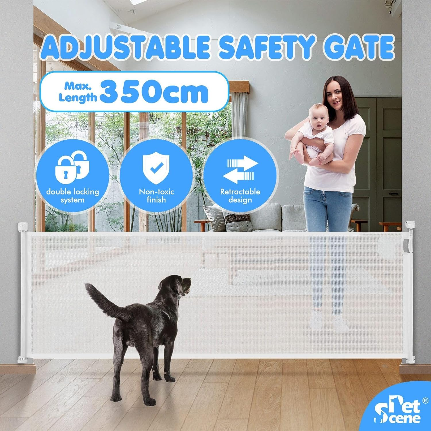Pet Scene Retractable Safety Gate Extends to 350CM, 93CM Tall Baby Gate Enclosure Fence Safe Guard Barrier for Stairs Doorway Security Mesh Fencing Barrier for Pets & Childs, White image number 4