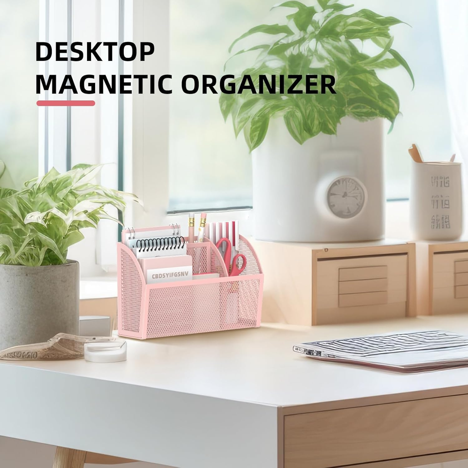 SUPEASY Magnetic Pencil Holder, Magnetic Whiteboard Shelf, 3 Grid Mesh Pen Holder for Refrigerator, Magnetic Organiser, Locker Accessories Organizer for Home, Pink image number 1