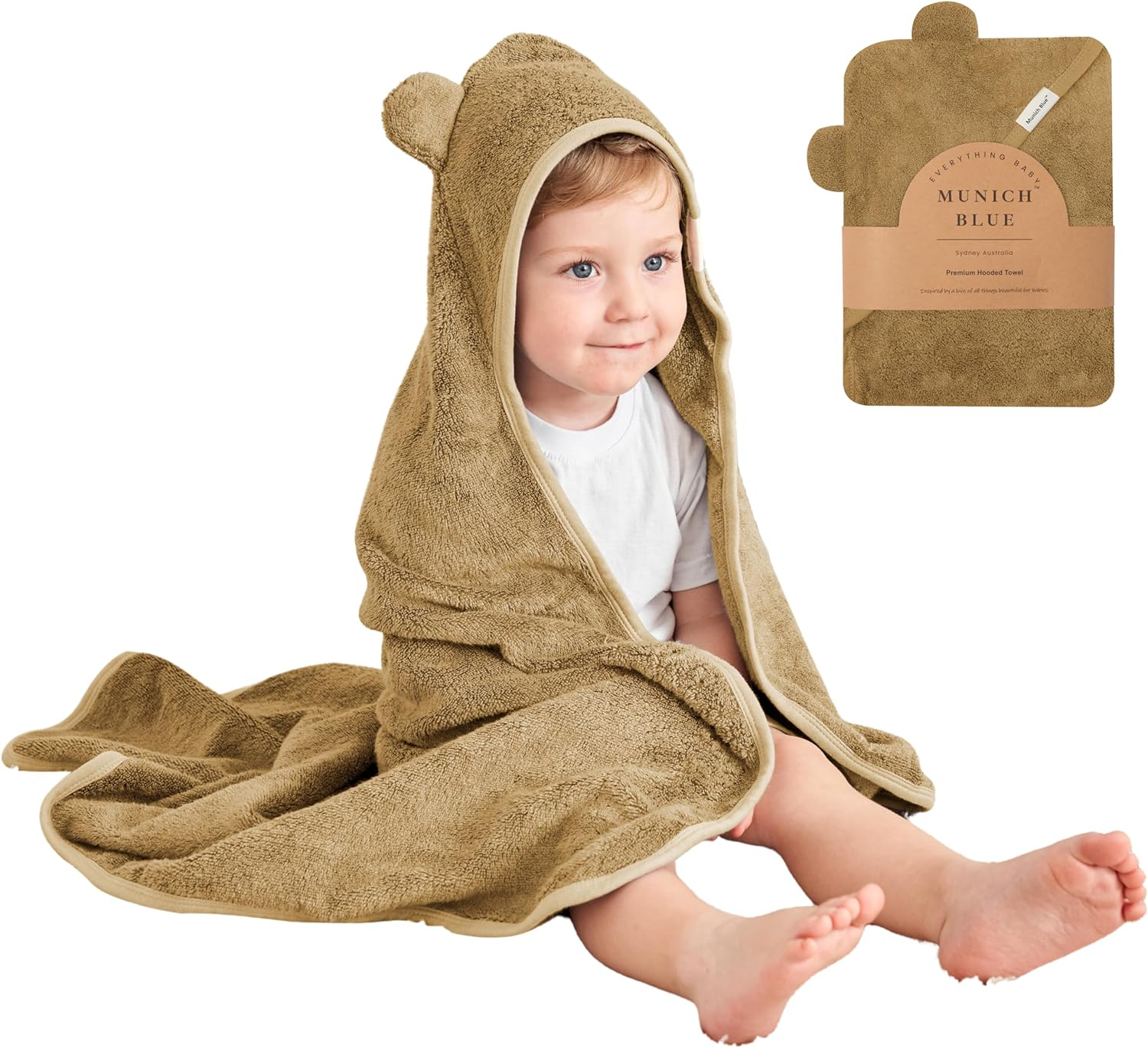Munich Blue Hooded Bath Towel for Newborn and Toddler Girls and Boys - Soft and Cozy Baby Towel with Cute Bear Ears (Oat Color, 600GSM, 90X90Cm)