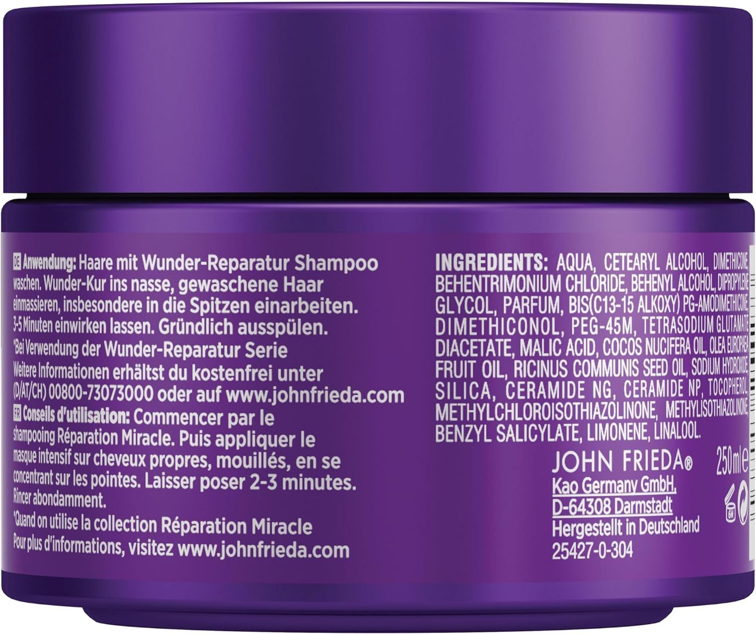 John Frieda Frizz Ease Wonder Treatment - Deeply Effective Hair Treatment - Contents: 250 Ml - for Unruly Hair - Intensive Repair and Strengthening image number 3