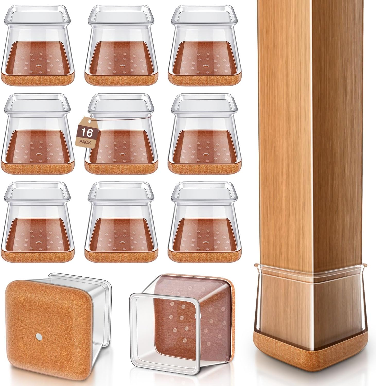 Chair Leg Floor Protectors Square Chair Leg Protectors for Hardwood Floors Silicone Caps Felt Strengthen Bottom Protection Reduce Noise 16 Pack Clear Square L Fit: (27-40Mm)