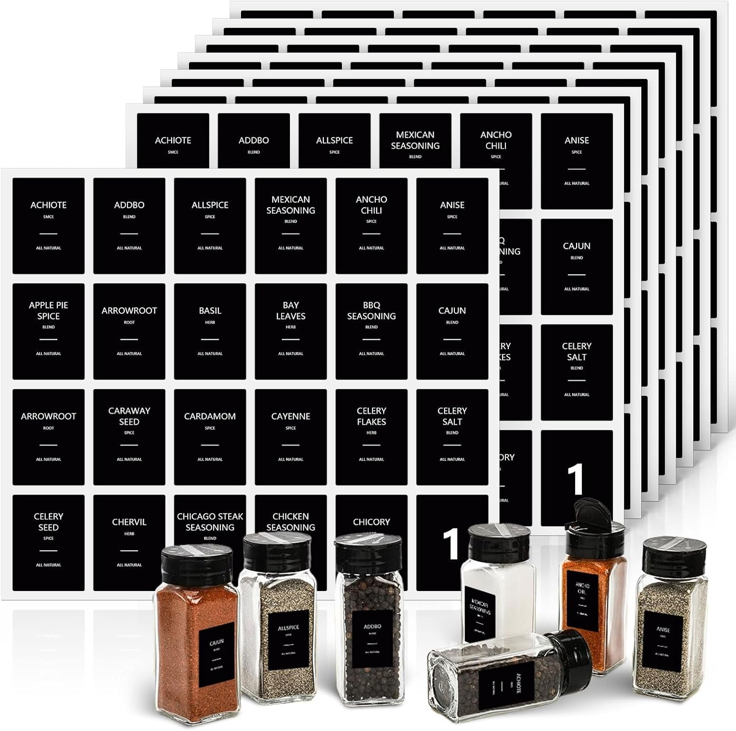 Spice Jar Labels, 192 Pcs Kitchen Jar Stickers, Seasoning Labels for round or Rectangular Jars 36 * 50Mm (Black) image number 3