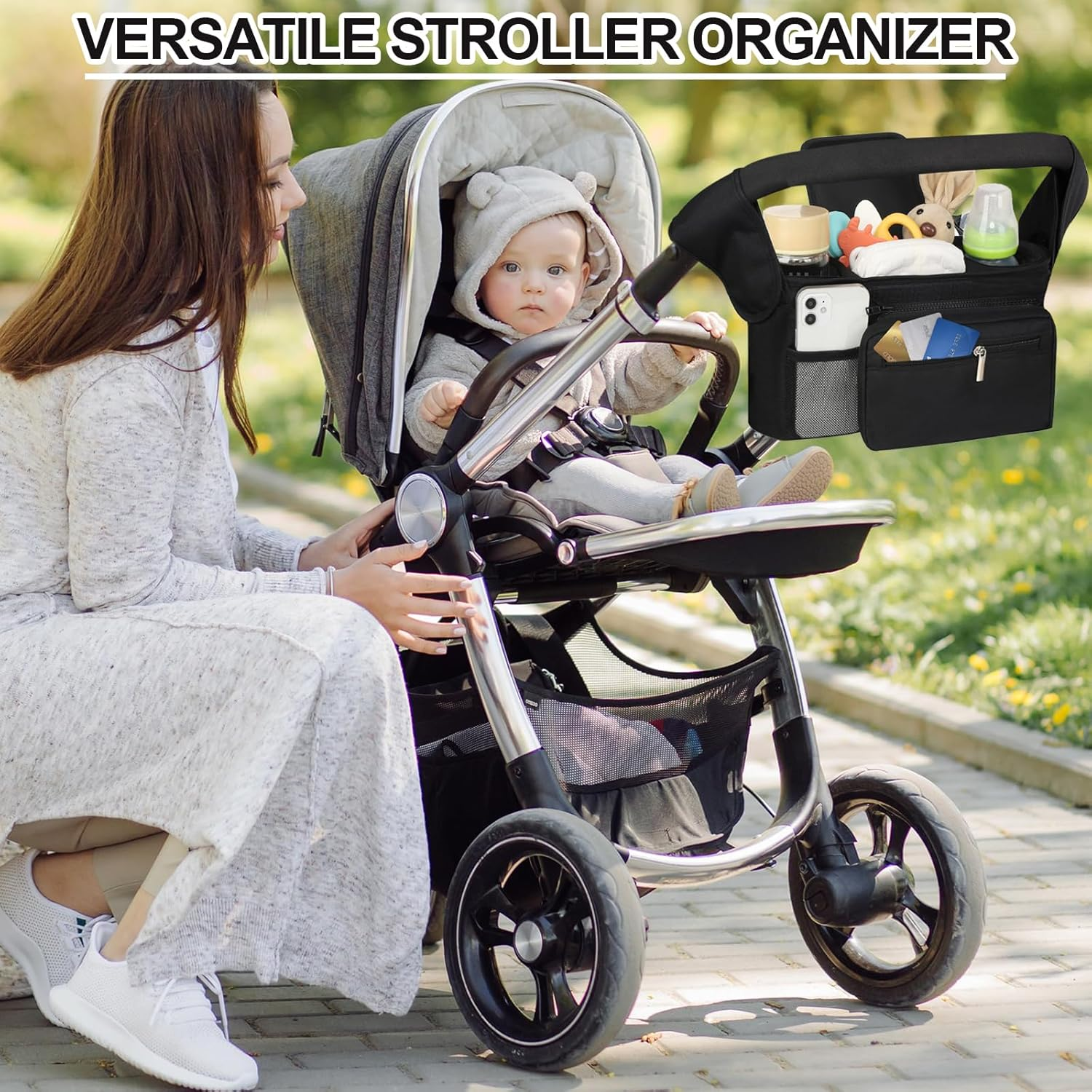 Universal Stroller Organizer with Insulated Cup Holders Detachable Phone Bag & Shoulder Strap, Stroller Accessories Fits for Britax, Uppababy, Baby Jogger, Bugaboo, BOB Stroller (Black) image number 6