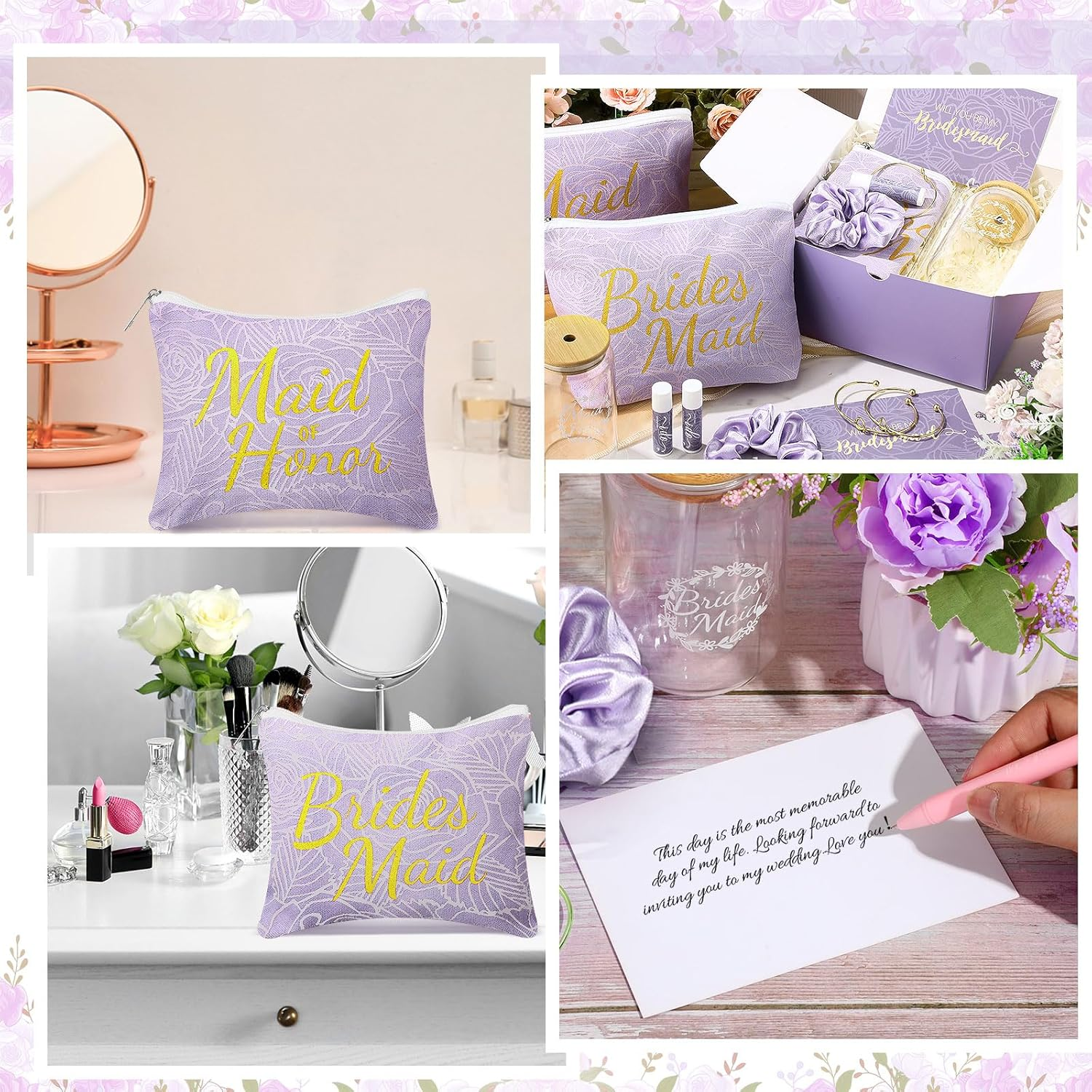 Filltouch 54 Pcs Bridesmaid Proposal Gifts, Maid of Honor Gift Include Wedding Gift Box Makeup Bag Invited Card Glass Cup Lip Balm Scrunchie Bracelet for Bridal Shower Bachelorette Party(Purple) image number 2