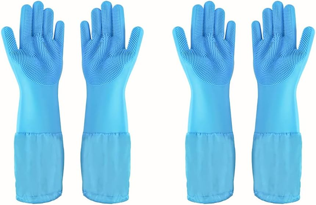 Pet Grooming Gloves Pet Hair Remover Cat, Dog Washing Gloves Silicone Heat Resistant Cleaning Gloves with High-Density Teeth Grooming Gloves for Dogs, Cats, Horses (2 Pairs - Blue & Gray)