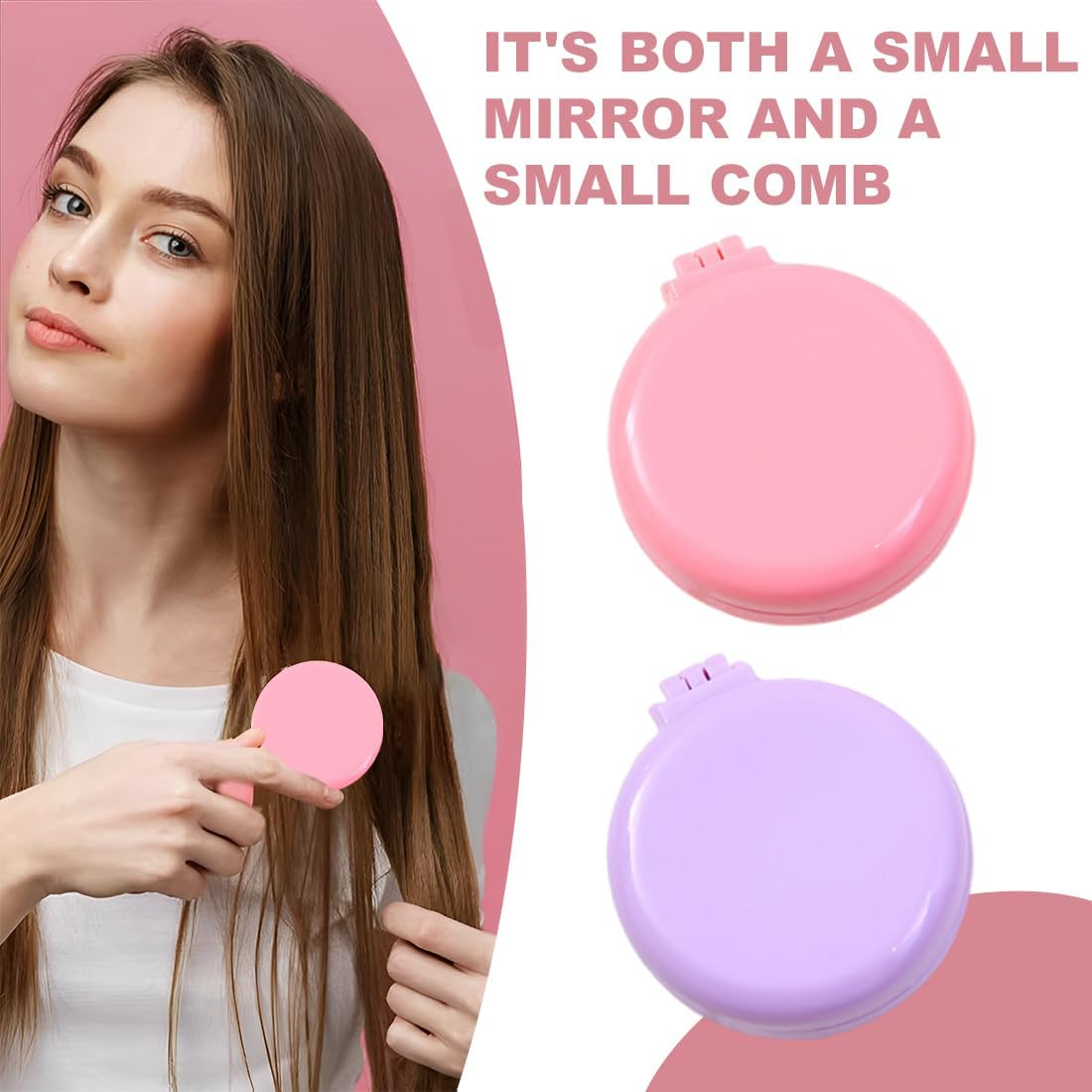 Pack of 2 Foldable Travel Hair Brush with Mirror Foldable Travel Mirror round Portable Foldable Bag Hair Brush for Men Women and Girls Purple Pink image number 4
