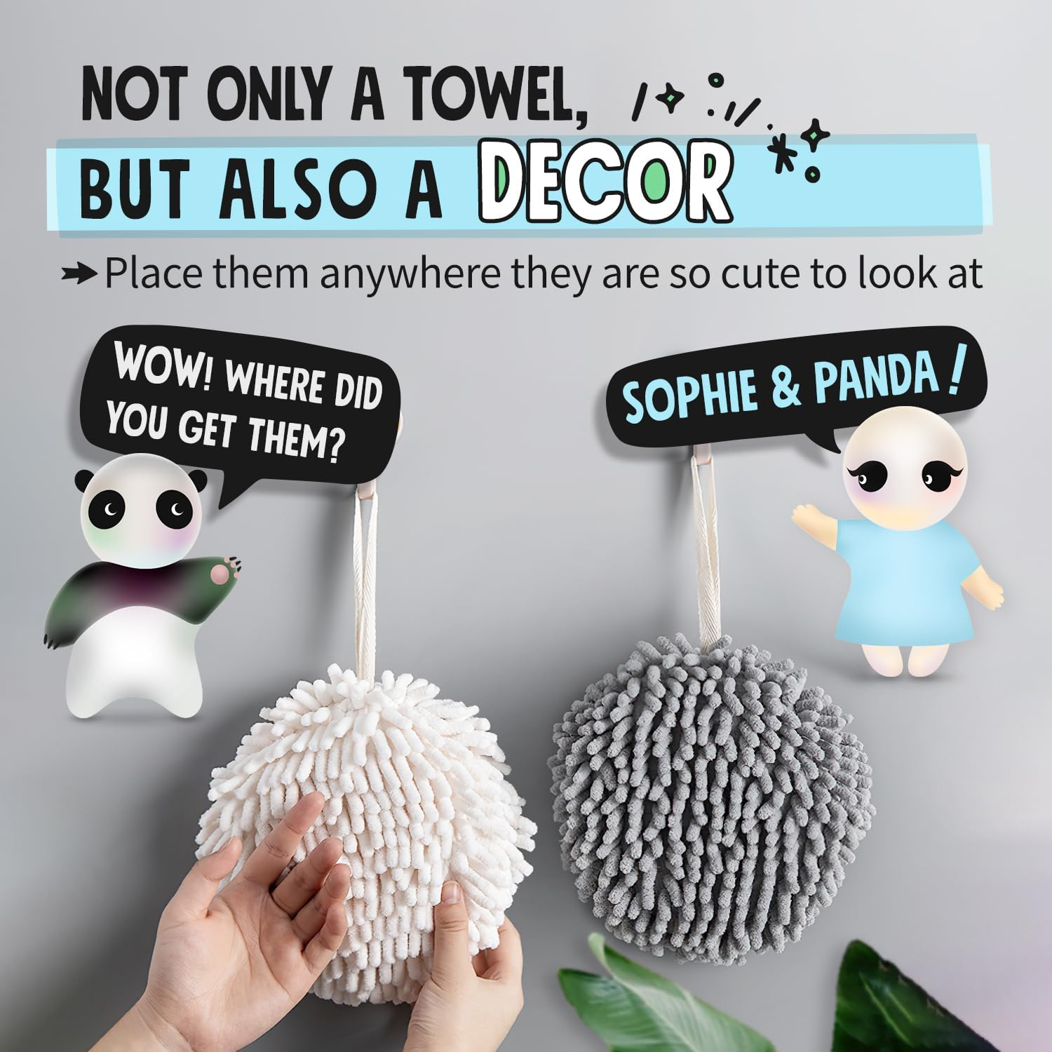 Sophie & Panda Fuzzy Ball Towel Sets of 2 White and Gray - Dry Your Hand Instantly Conveniently with This Creative Bath Towel Set Decorative Towels for Bathroom Pack of 2
