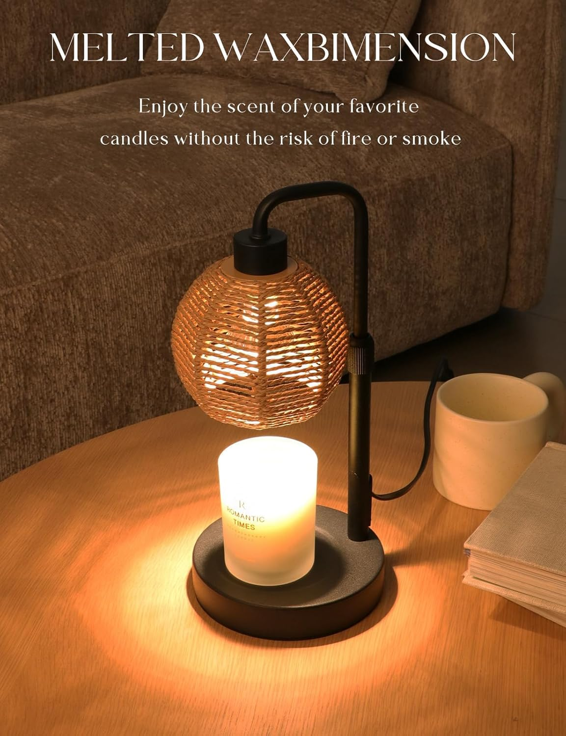 Candle Warmer Lamp with Timer & Dimmer - Adjustable Height Electric Wax Melter for Jar Candles, Natural Weave Shade（With 2 Bulbs） image number 1