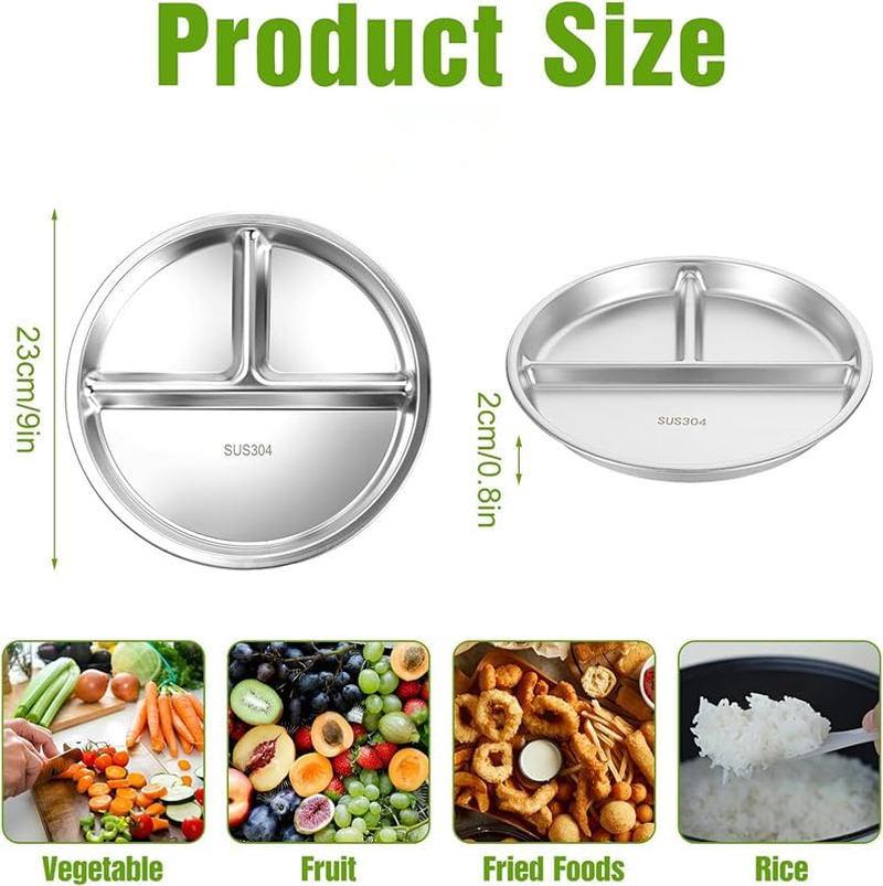 Stainless Steel Kids Plates 4 Packs, 9" Divided Toddlers Portion Control Plate, Unbreakable Dinner Plates, Divided Food Tray Stainless Steel Plate for Adults Kids, Camping, Lunch and Dinner image number 3
