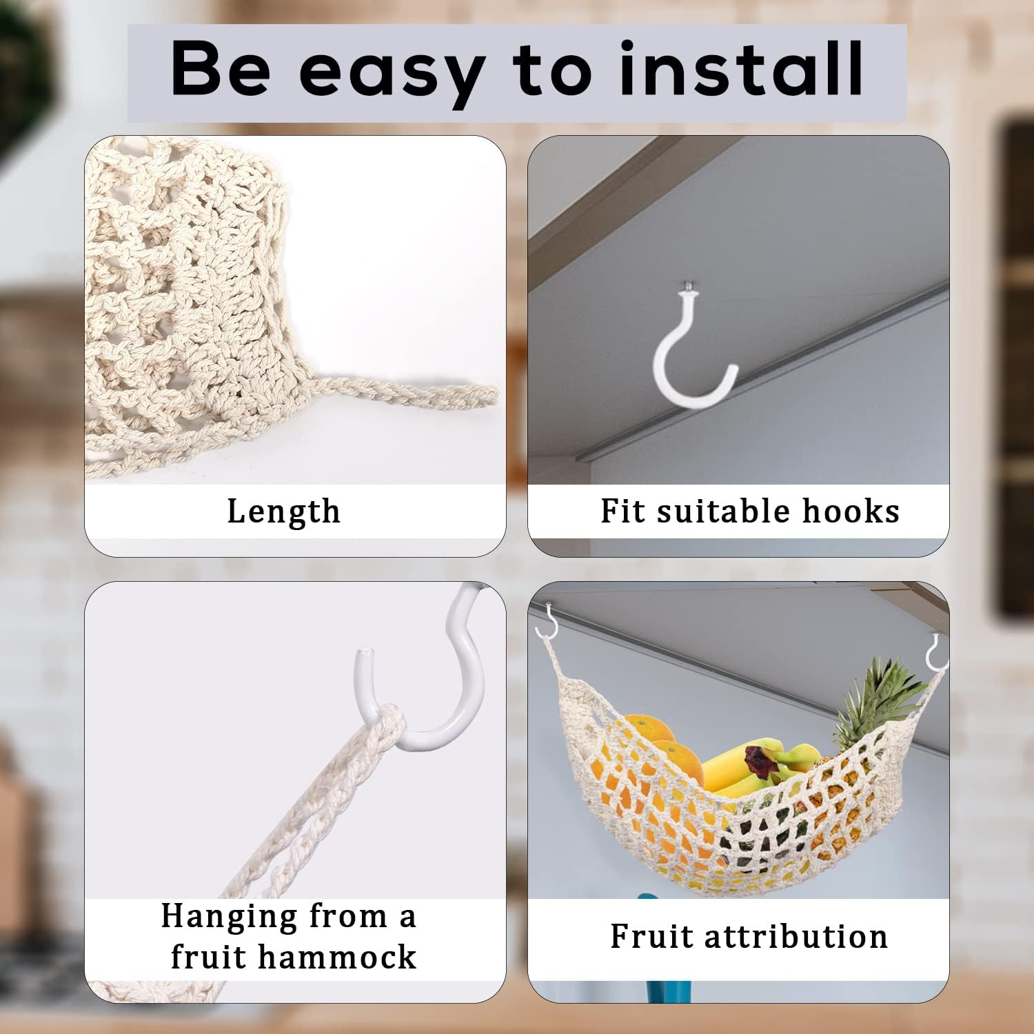 SAVITA 12.5X16Inch Hanging Fruit Hammock, Fruit Holder Hanging with 2 Hooks 100% Cotton Handmade Woven Space-Saving Fruit Basket under Cabinet for Kitchen Ship Storage