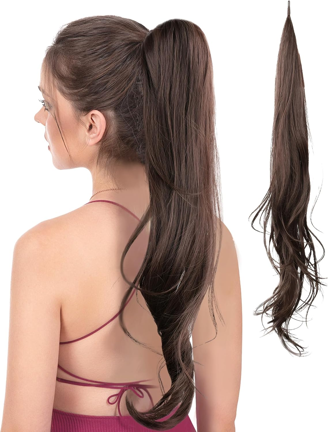 Flexible Wrap around Ponytail Hair Extensions Long Wavy Curly Hair Extensions Natural Ponytail Fake Pony Tail Natural Black Synthetic Ponytails Hairpiece for Women Daily Use Black