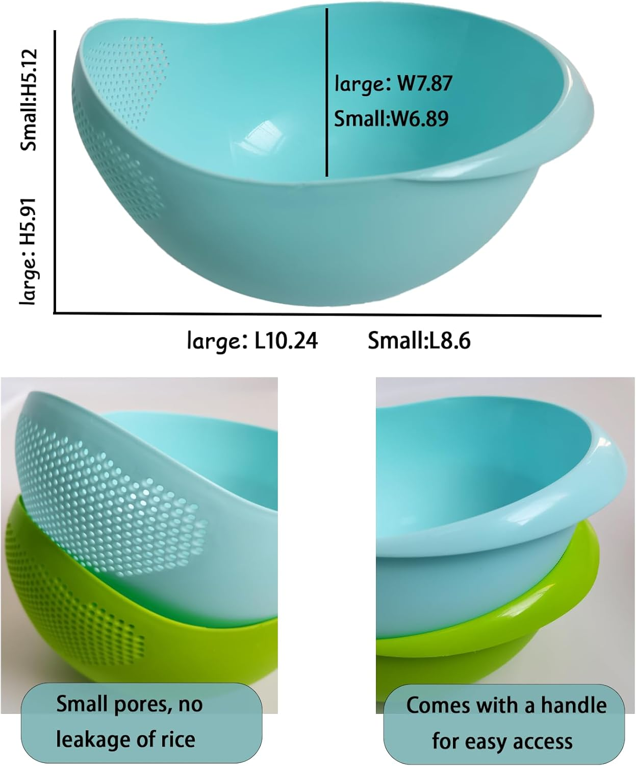 2-In-1 Rice Colander, Vegetable and Fruit Cleaning Filter Basket, 2Piece Sturdy and Easy-To-Use Food Grade Kitchen Tool Accessories (Blue+Green) - Blue+Green image number 2