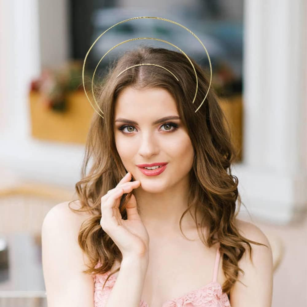 Gold Metal Queen Goddess Angel Halo Crown Headband Hairbands Tiara Hair Hoops DIY Craft Bands Headpieces Party Cosplay Costume Hair Accessories (6 Pack of 3 Layer) image number 5