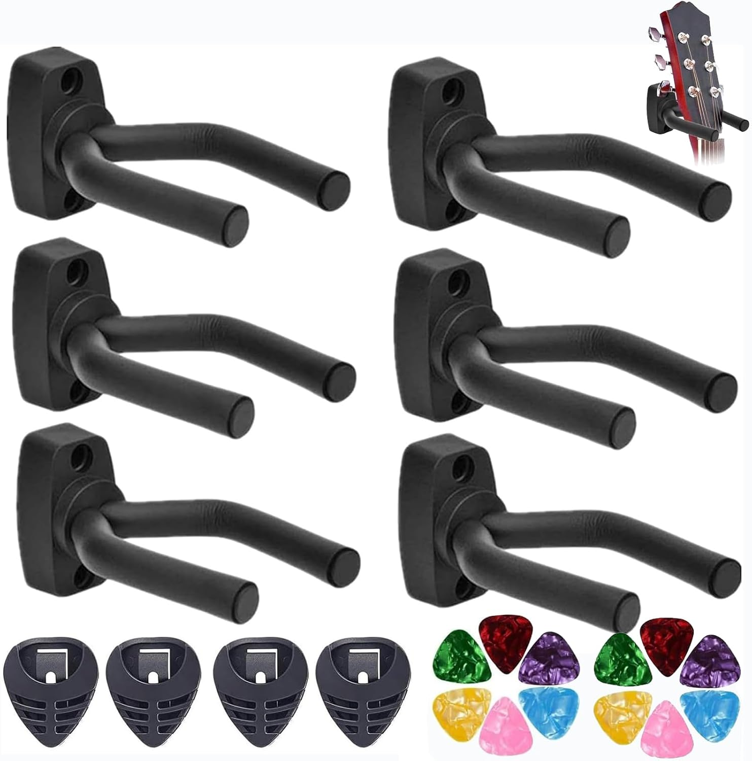 Adjustable Guitar Wall Hanger 6-Pack, Guitar Hanger Wall Hook Holder Stand Black Display with Screws - Fits Guitars, Bass, Mandolin, Banjo, Ukulele,Easy Installation, Great Gift image number 2