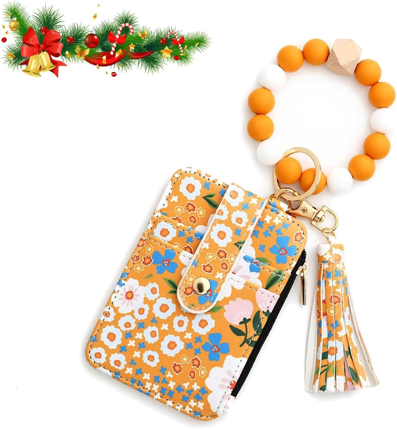 Bohemian Style Wristlet Wallet Keychain for Women, Floral Print Card Holder with Beaded Bracelet & Tassel, Leather Purse image number 1