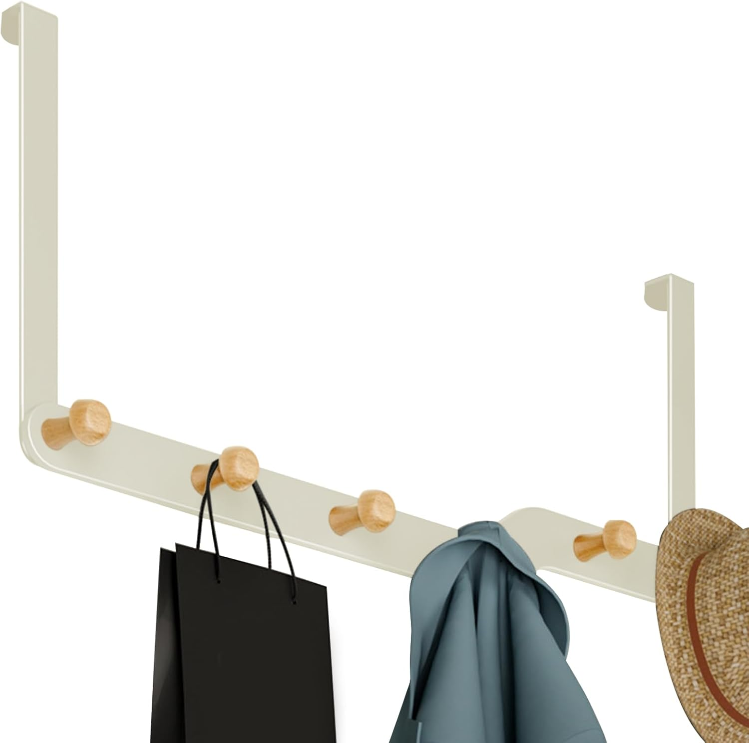 Over the Door Hooks Hanger for Clothes with 6 Wooden Door Hooks Sturdy Towel Rack Heavy Duty Coat Hooks on Back of Bathroom Bedroom Closet Doors for Hanging Clothes Hat Towels Umbrellas Key (Grey)