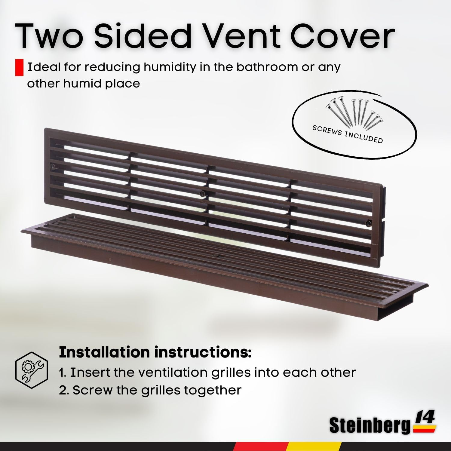 Steinberg14 Brown Door Vent Cover 17.7X3.6 Inch with Screws - Plastic Ventilation Grill - Door Vents for Interior Doors Two Sided - Door Louver Vent - Door Return Air Vent with Screws image number 1