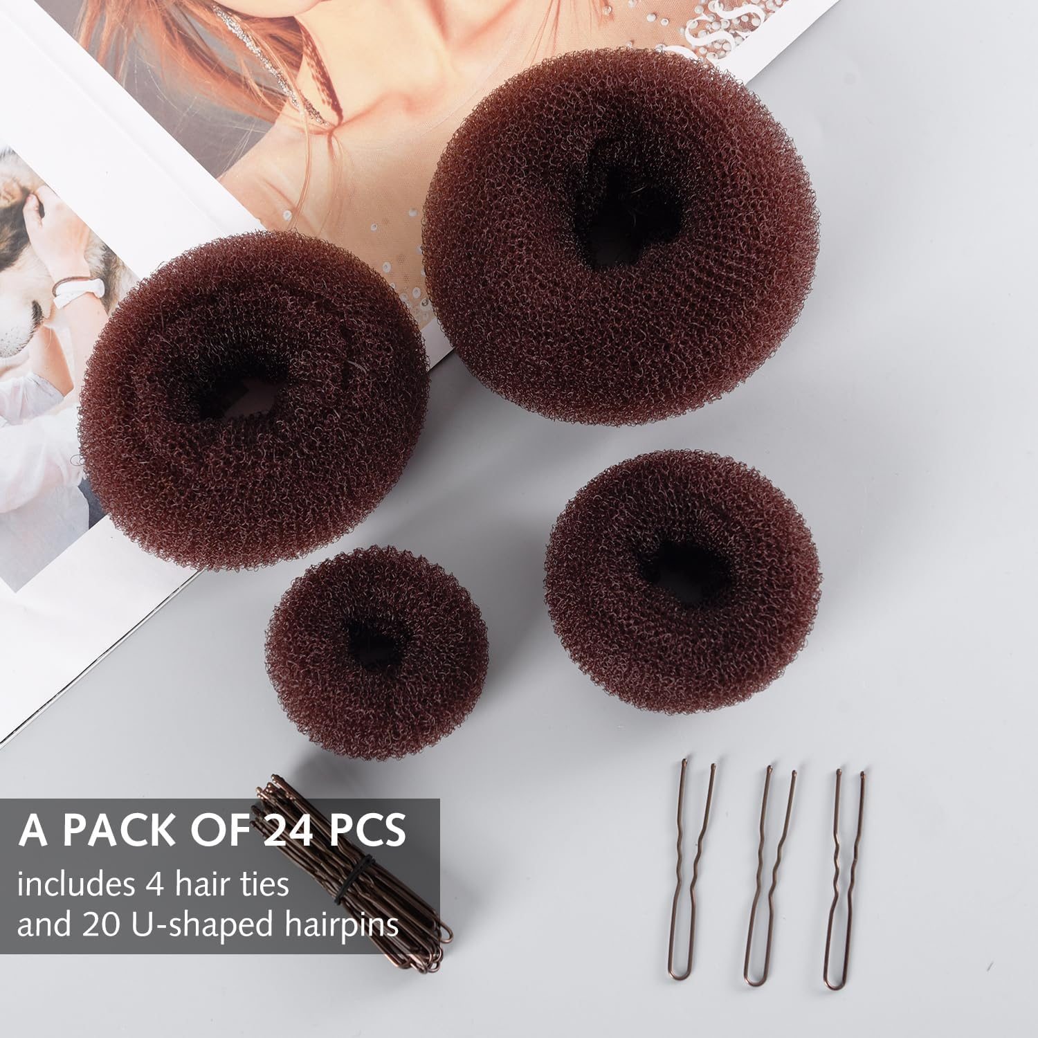 4 Pieces Hair Donut Bun Maker Set, Hair Donut Bun Ring with 20 Golden Hairpins, Chignon Bun Maker Hair Ring Style Accessories for Dancers, Donut Bun Hair Accessories (Coffee) image number 1