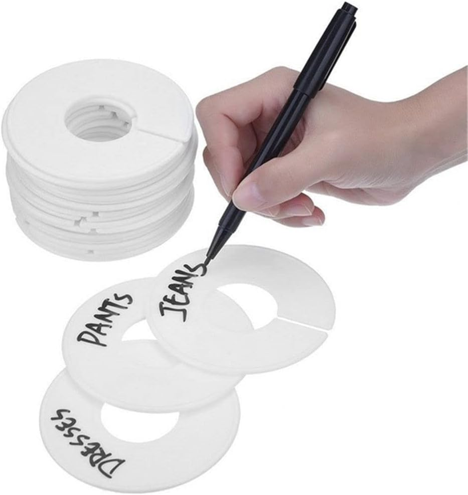 30 Pack round White Closet Dividers with 1 Bonus Marker Writable and Reusable for Sorting Clothing Size Outer 3.5Inch, Inner 1.38Inch in Diameter