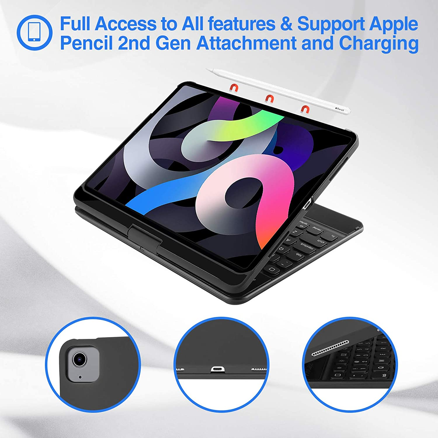 Procase 360&deg; Rotation Keyboard Case for Ipad Air 11" (M3/M2) /Air 5Th/4Th 10.9" / Ipad Pro 11" 2025 2024 2022 2021 2020 2018, Wireless Keyboard with 7 Colors Backlit, Auto Sleep/Wake -Black image number 5