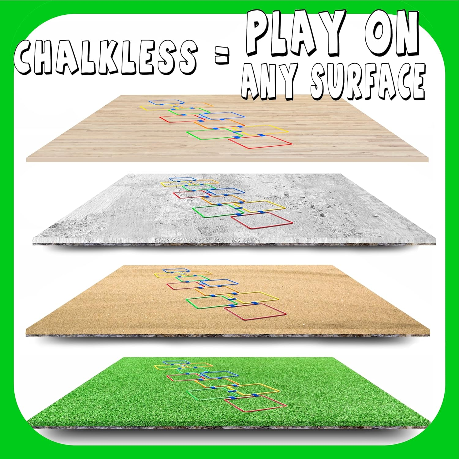 GETMOVIN SPORTS Hopscotch Squares Set with 2 Premium Beanbags Giant Sized 15 Inch Squares with 15 Connectors for Indoor/Outdoor Portable Fun Conditioning Agility Training image number 5