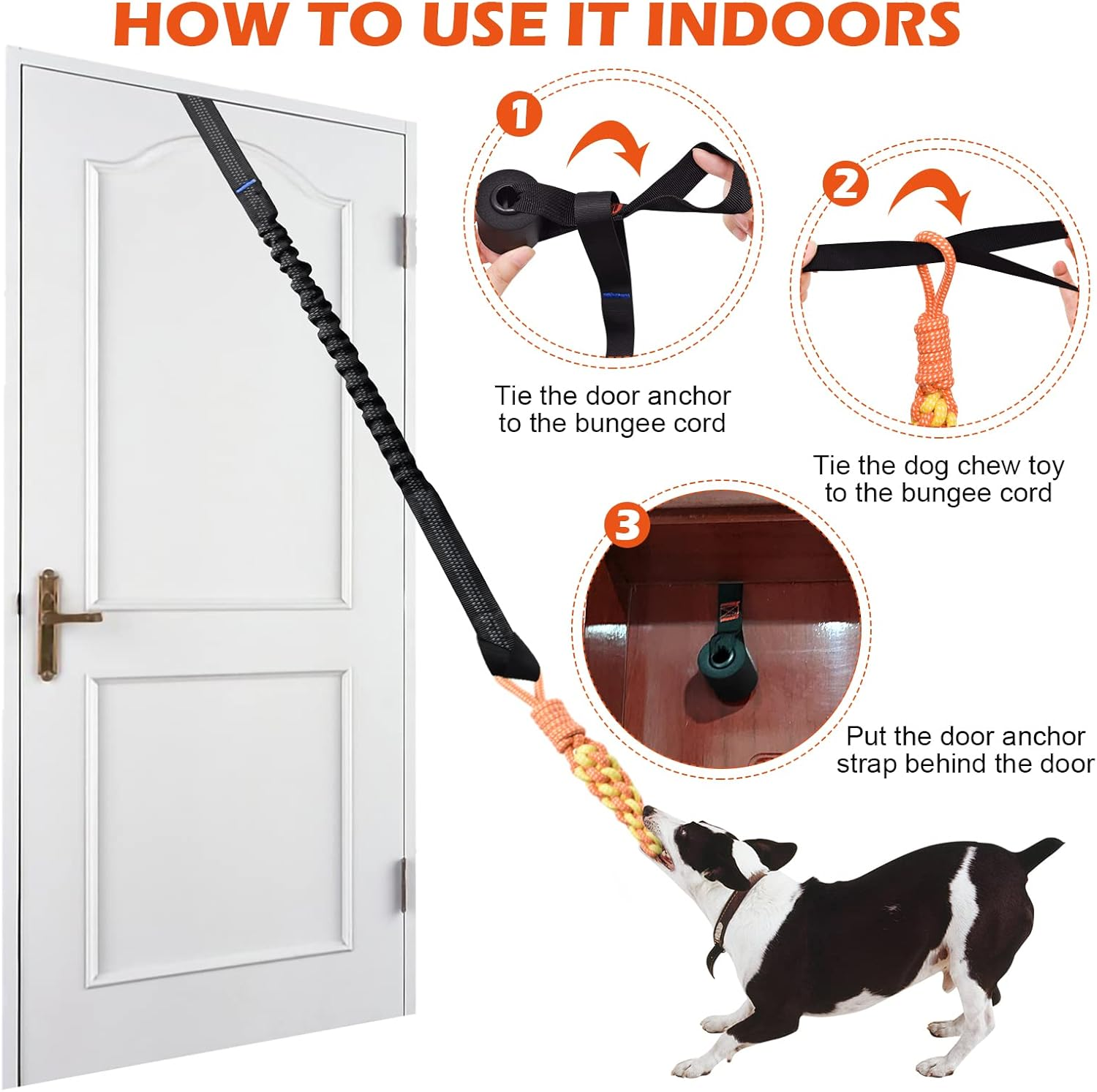 Door Anchor Dog Hanging Bungee Tug Toy for Small Dog Pull Rope and Tug of War, Indoor Outdoor Pull Interactive Toy, Durable Retractable Tugger Dog Rope Toy with 2 Chew Toys for Dogs and Cats image number 4