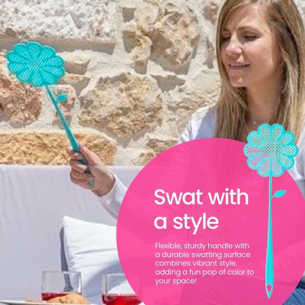 VIGAR Flower Power Fly Swatter Long, 3 Pack, 42Cm &ndash; Durable, Ergonomic Handle, Extended Reach for Indoor/Outdoor Fly Control &ndash; Blue, Pink, and Yellow image number 3