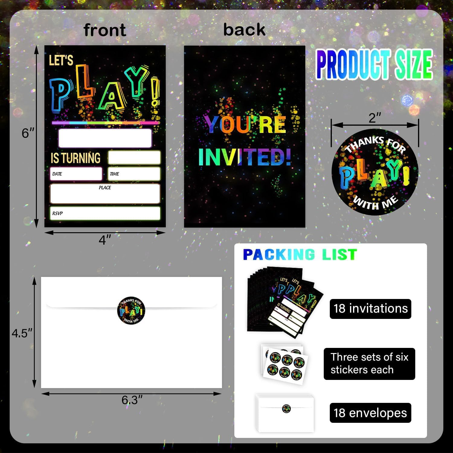 20 Pcak Glow Birthday Invitations Let'S Play Birthday Party Invitations, 4 X 6 Inch Glow Trampoline Play Party Invitation Cards, Double-Sided Party Invitation,20 Cards Envelopes Stickers