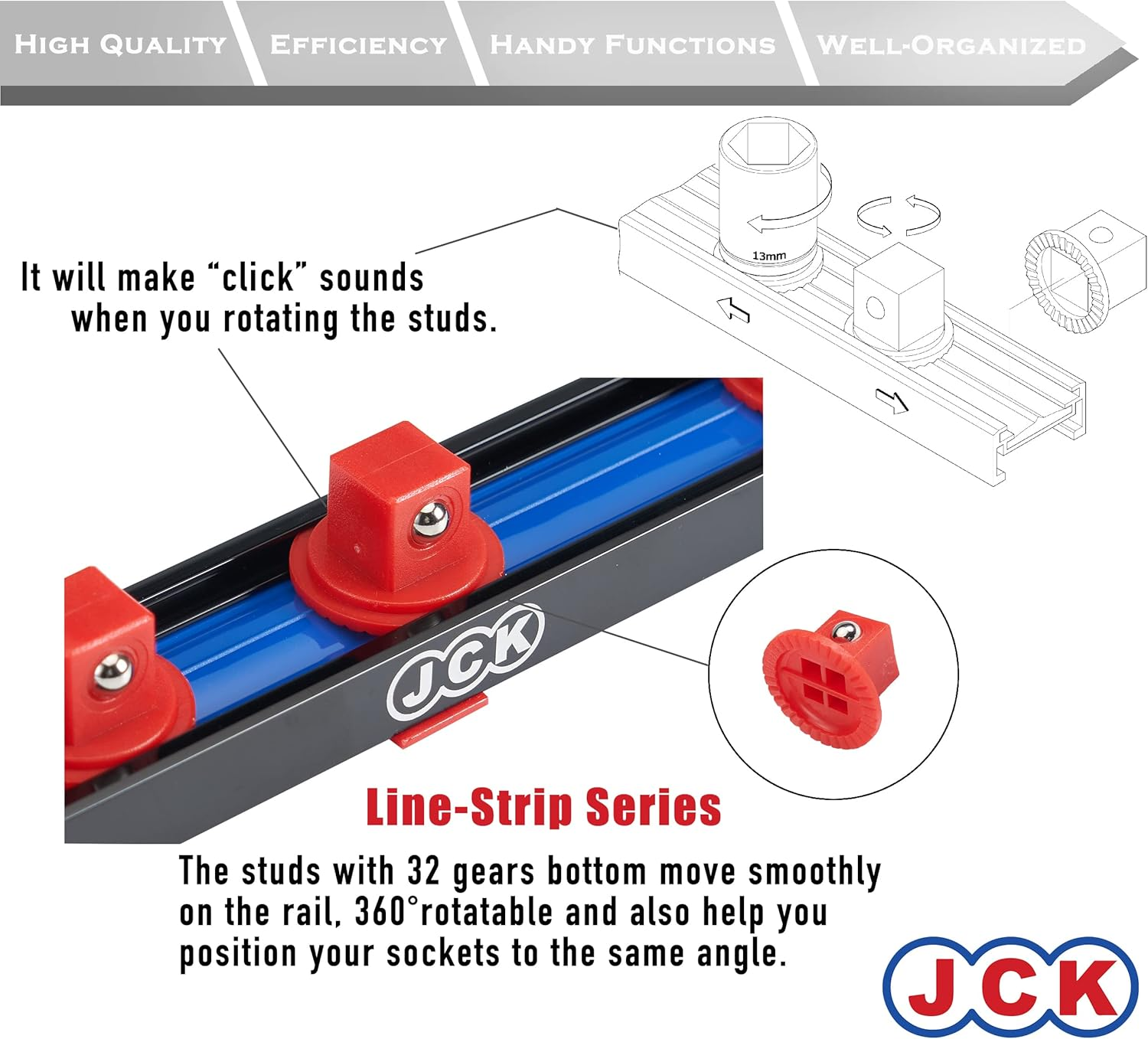 JCK Professional Quality Aluminum Single Rail Socket Organizer (Line-Strip Series) with 360 Degree Rotary Studs Black & Orange & Blue for Metric/Imperial 1/2" Sockets Storage