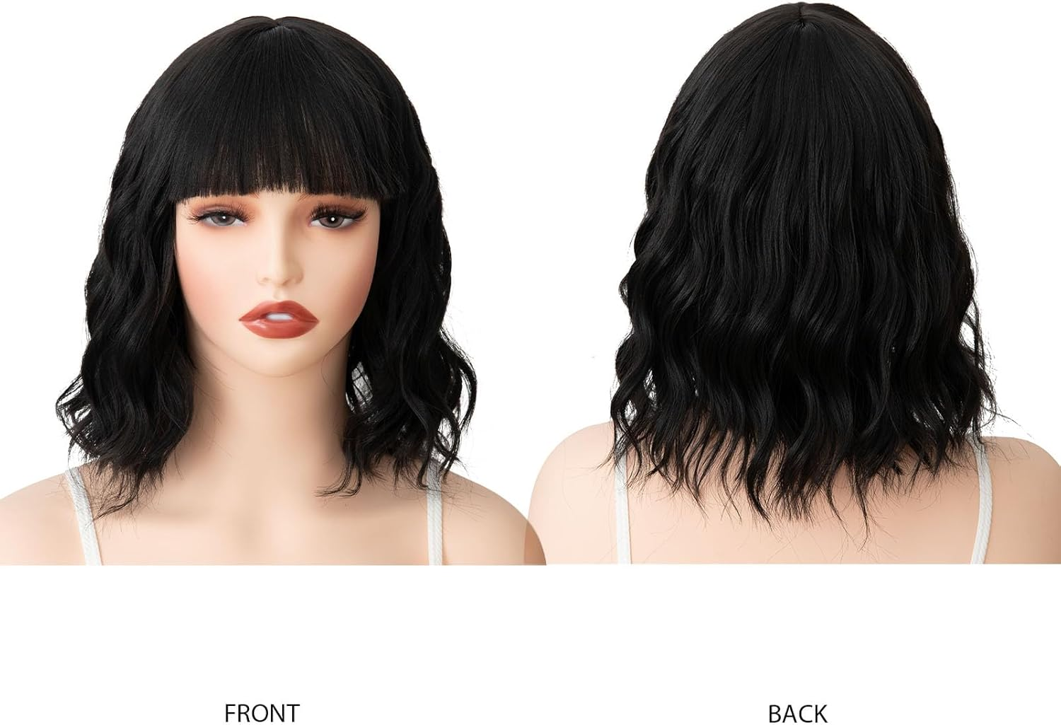 Luxiremi Wigs, Washed Black, 12 Inches, Short, Shoulder Length, Curly, Wavy Bob with Fringe, Synthetic Cosplay Wigs for Women, Carnival image number 5