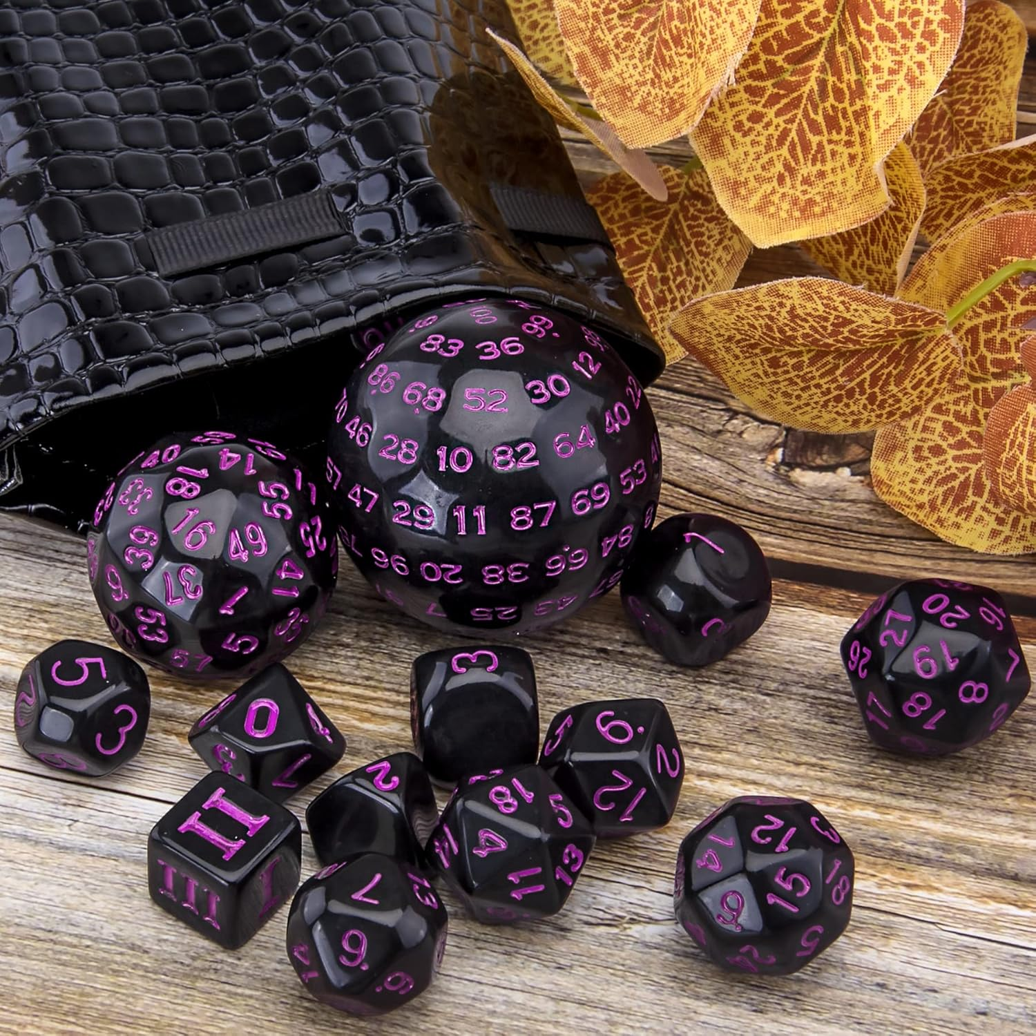 AUSTOR 15 Pieces Complete Polyhedral Dice Set D3-D100 Game Dice Set with a Leather Drawstring Storage Bag for Role Playing Table Games(Black & Purple)
