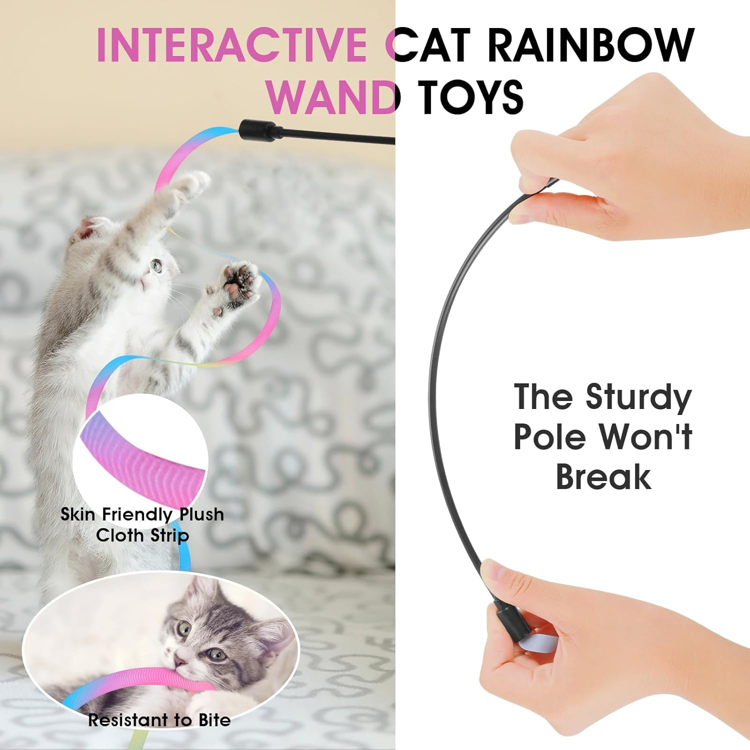 Bewudy Cat Wand Rainbow Toy, 3 Pieces 28 Cm Interactive Cat Wand with 60 Cm Rainbow Ribbon Cord Interactive Rainbow Band Wand for Kittens Cats Training image number 1