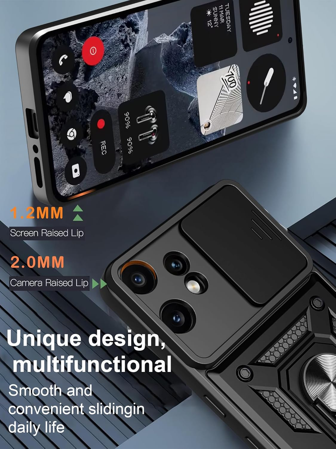 BOKYAS Armor Case for Nothing CMF Phone 2 Pro with Slide Camera Protection Cover and Ring Stand [Mobile Phone Case Compatible with Car Magnet] Military Shockproof Case, Blue image number 6