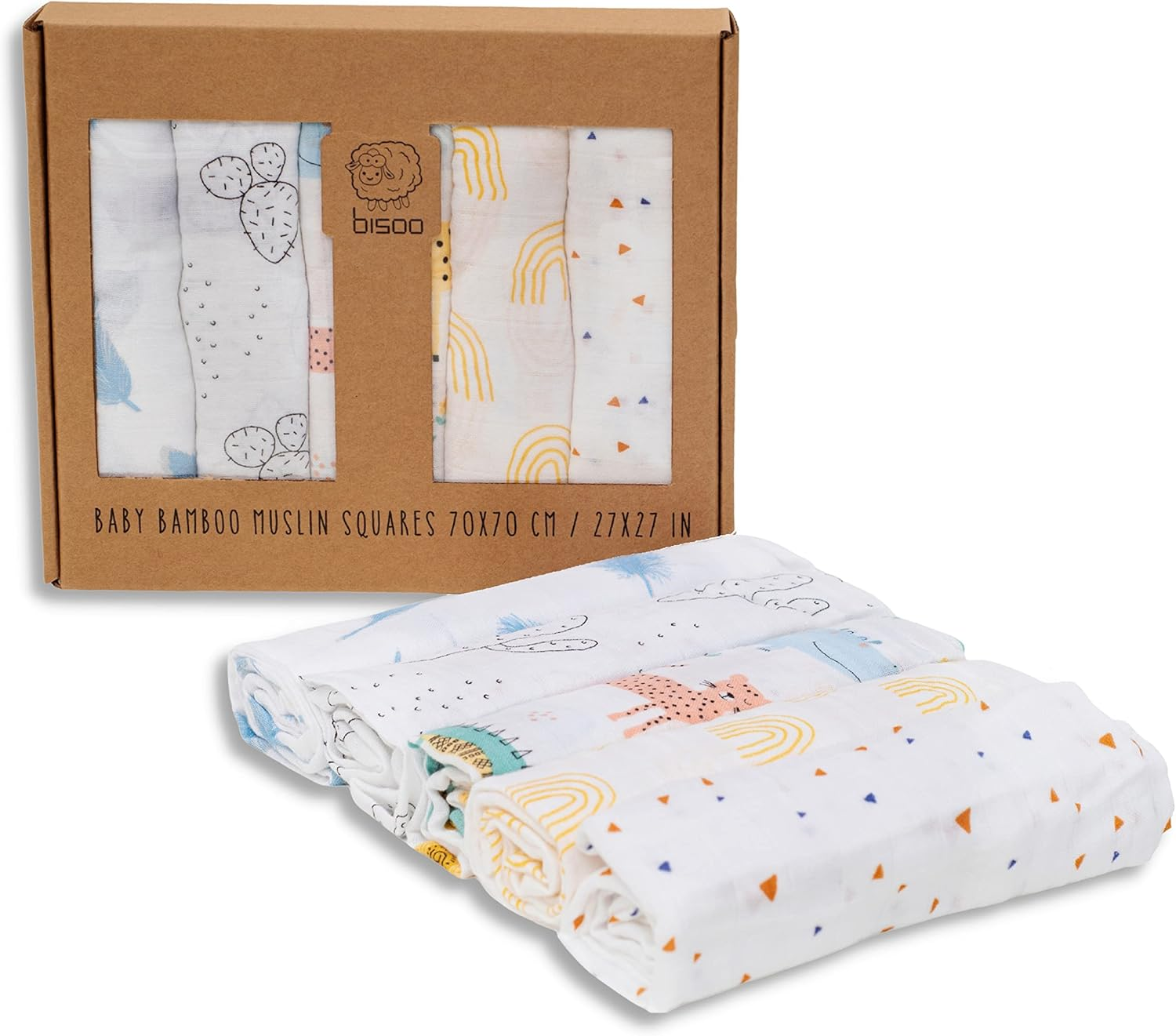 Bisoo Muslin Cloth for Baby - 60% Bamboo Fiber and 40% Cotton Muslin Squares - Soft and Breathable for Newborns - Multipurpose Burp Cloths - 5-Pack Unisex Baby Muslins 27X27 in (Joy)