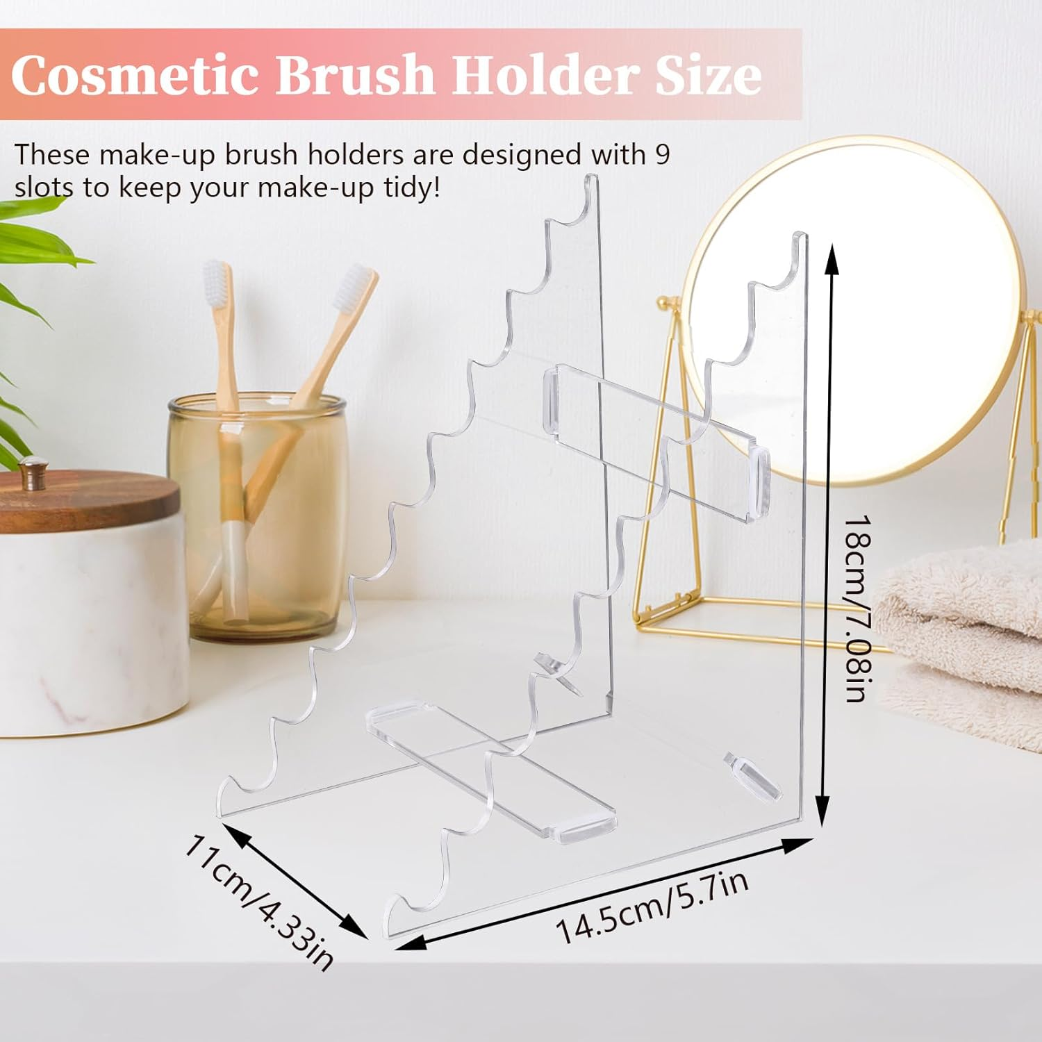 YITOBA 9-Slots Pen Display Stand Holder, Vertical Pen Stand Rack, Acrylic Brush Holder for Cosmetic Tools, Makeup Brush Organizer for Vanity, Clear Paint Pencils Rack for Office (Clear) image number 4