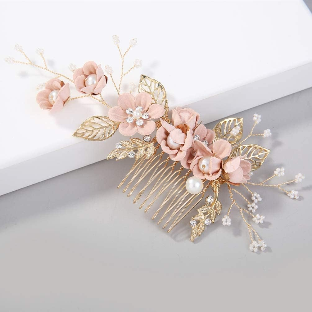 KOMUNJ Set of 4 Hair Comb Wedding Bridal Hair Accessories Wedding Hair Comb Pearl Flower Bridal Hair Accessories Rhinestone for the Bride Bridesmaid - Pink Flower image number 6
