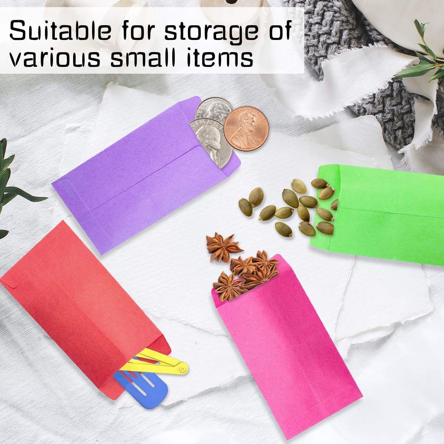 100Pcs Small Colored Envelopes - Mini Money Coin and Seed Packets with Self Adhesive Closure