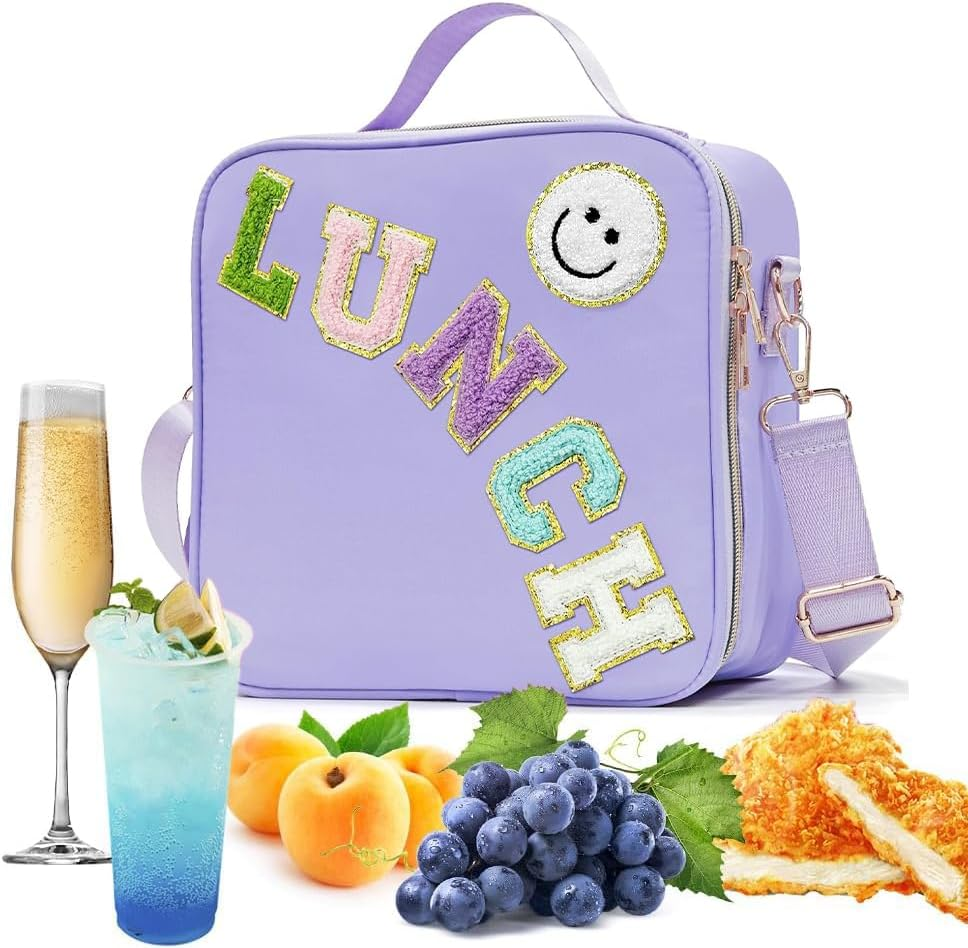 Insulated Lunch Bag Women Lunch Box Kids for Teen Girls Boys, Cute Preppy Lunch Boxes with Adjustable Shoulder Strap, Waterproof Nylon Lunchbox Lunch Bags for School Work Picnic