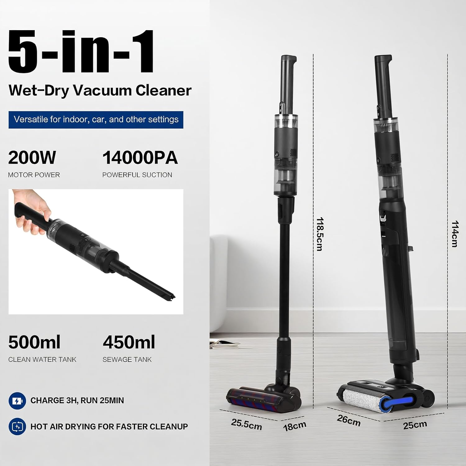 ADVWIN Wet Dry Vacuum Cleaner, 180&deg; Lie-Flat Cordless Smart Vacuum Mop with 70℃ Hot-Air Drying, Self-Cleaning for Hard Floor Sticky Messes and Pet Hair, Lightweight Handheld Vacuum with 2 Batteries image number 1